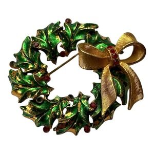 vintage corel Christmas wreath brooch green enamel Holly red rhinestones‎